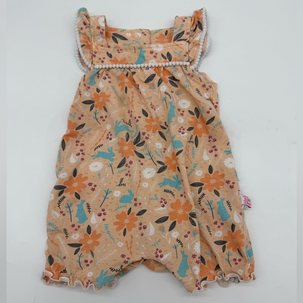 Ruffle Butts Floral Baby Romper with Pom Pom Trim- Size 6-12 Months